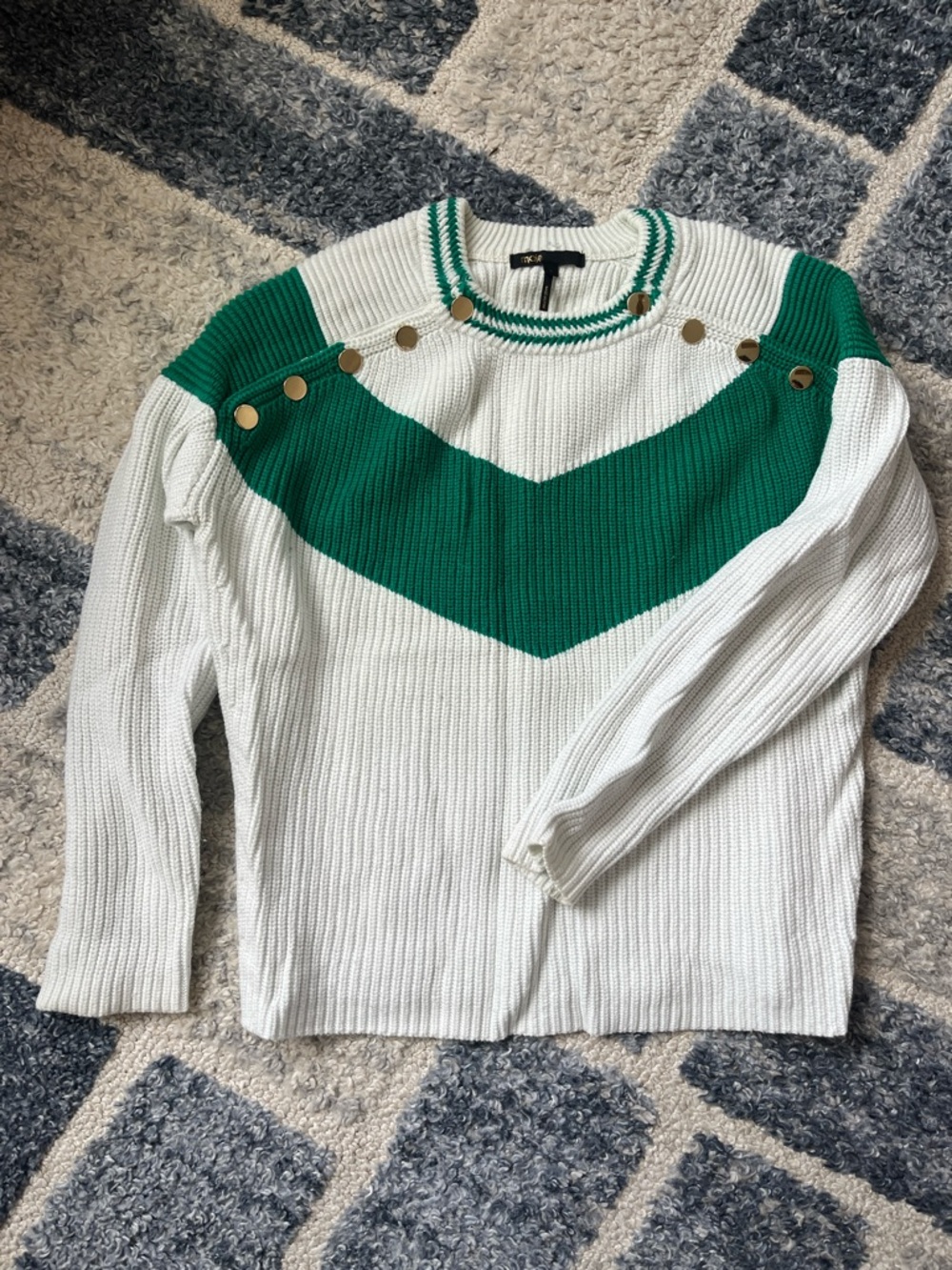 Maje Green & White Chevron Button Sweater